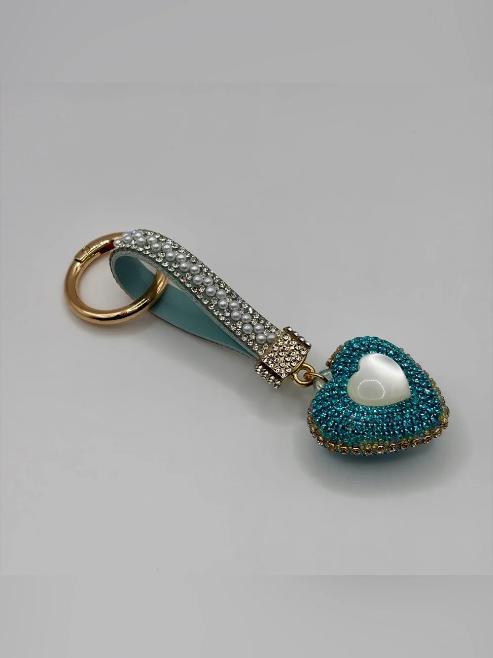 Crystal Strap Keychain with Teal Heart Charm